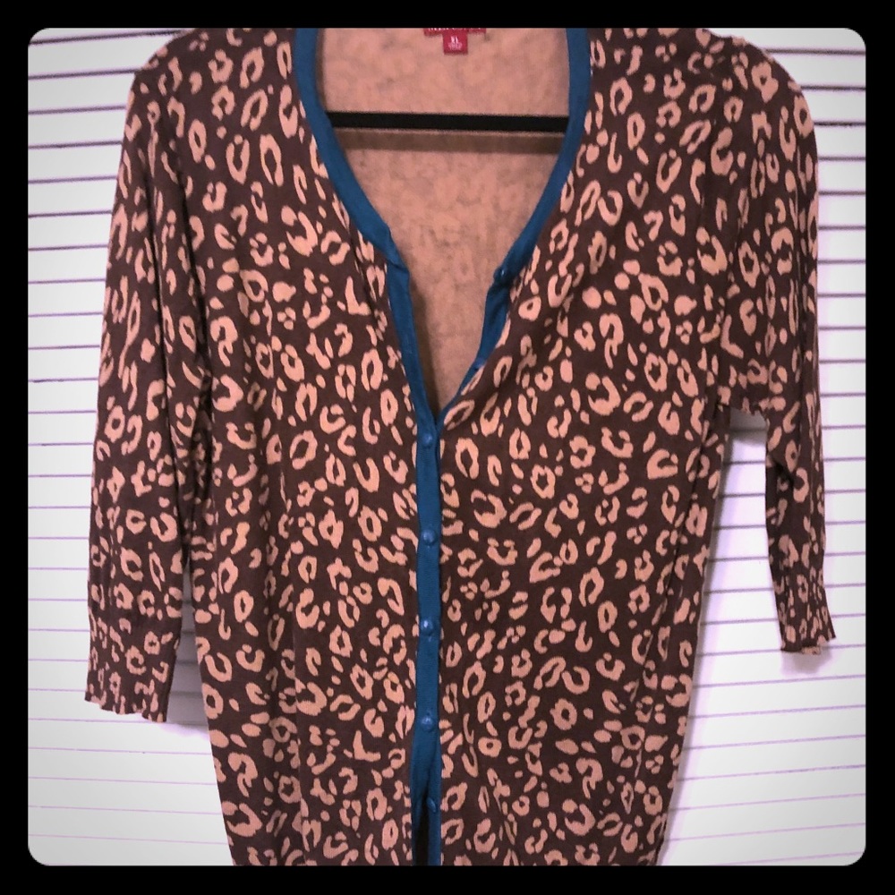 XL Leopard print and teal trimmed cardigan sweater